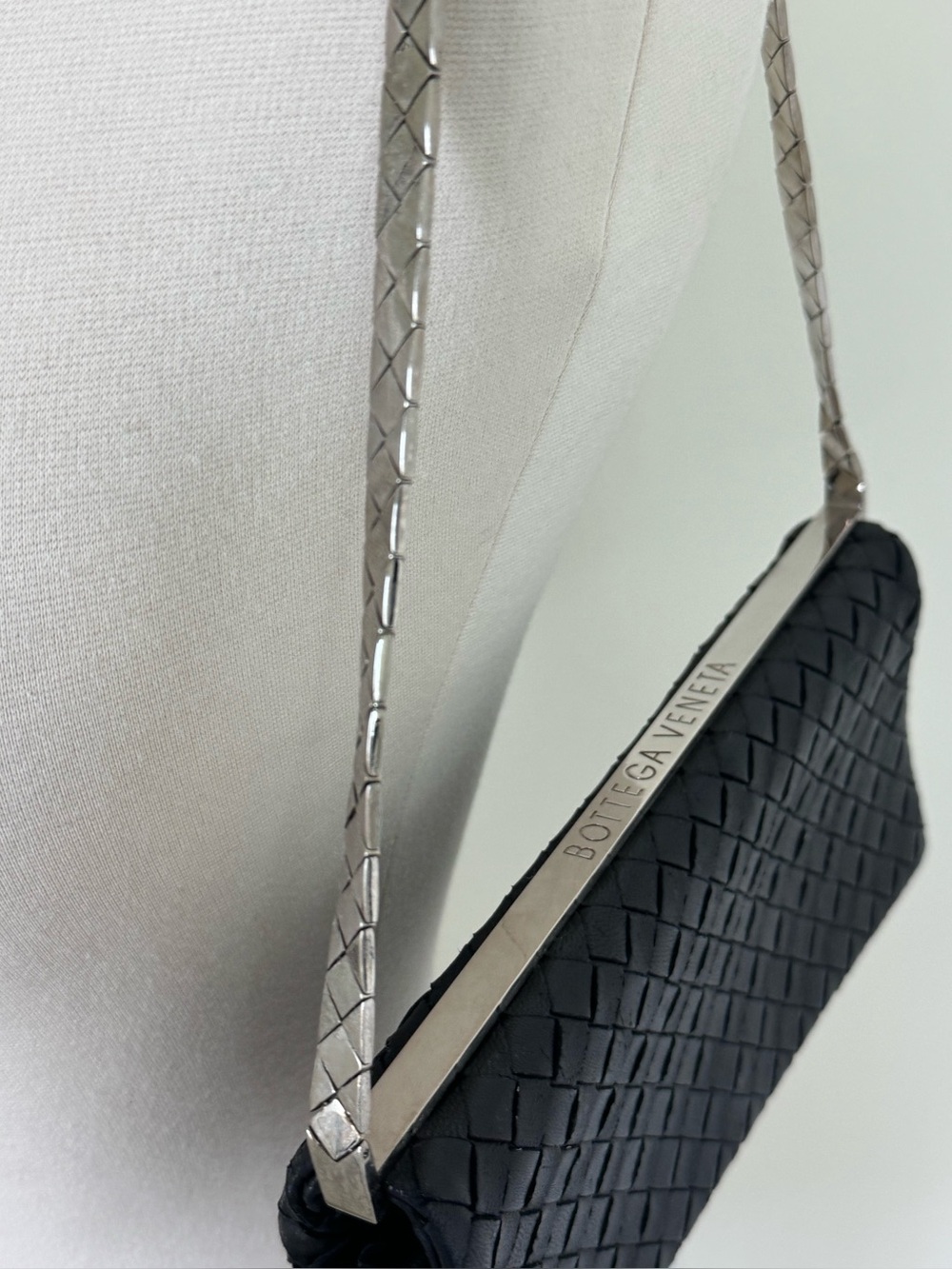 BOTTEGA VENETA vintage black woven silver logo strap shoulder bag